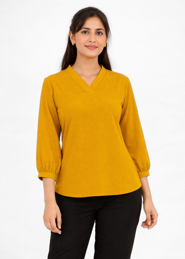 Flurr Women's Mustard  Textured V-Neck Office Wear Top