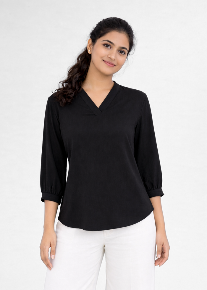 Flurr Women's Black Textured V-Neck Office Wear Top