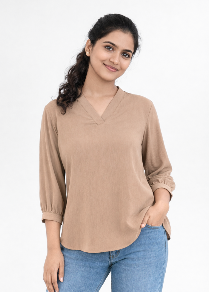 Flurr Women's Beige Textured V-Neck Office Wear Top