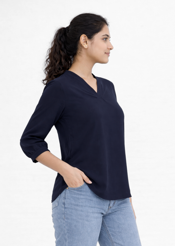 Flurr Women's Navy Textured V-Neck Office Wear Top