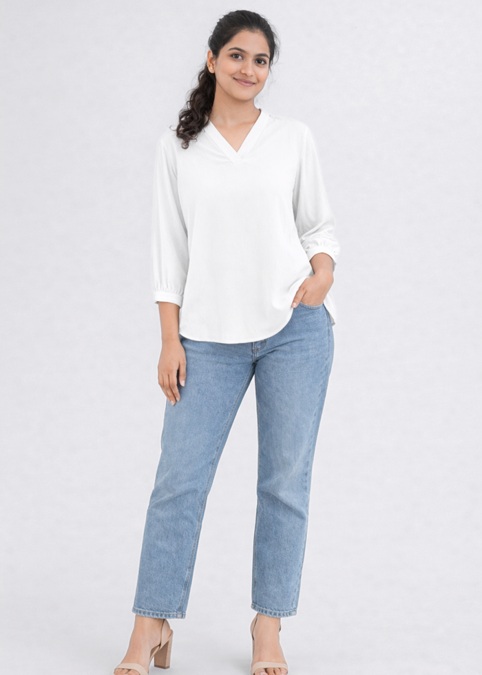 Flurr Women's White Textured V-Neck Office Wear Top
