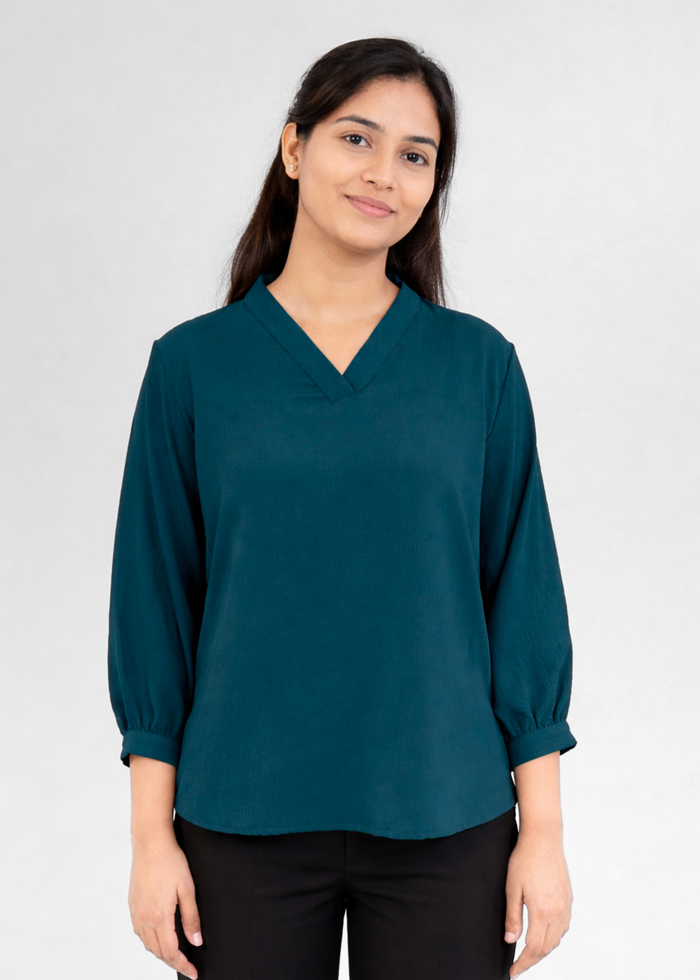 Flurr Women's Ink Blue Textured V-Neck Office Wear Top