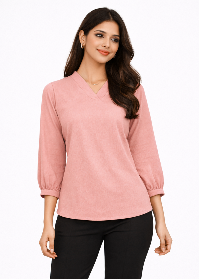 Women textured V-neck workwear top in light pink