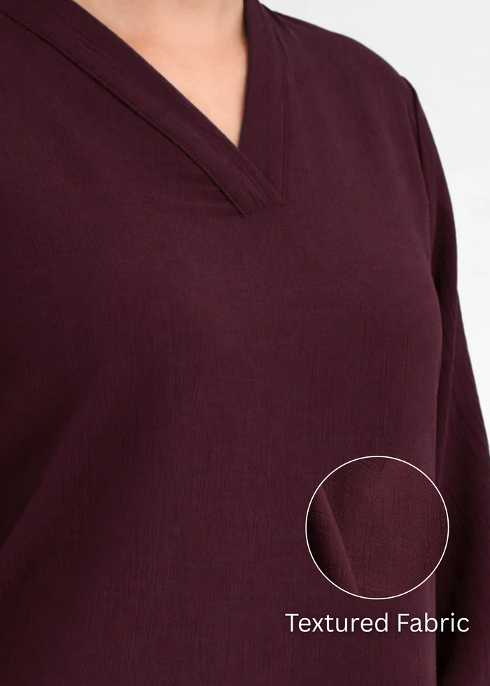 Women textured V-neck workwear top in burgundy