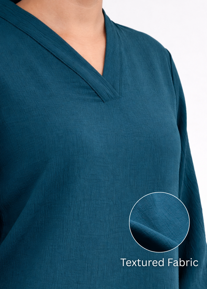 Women textured V-neck workwear top in ink blue