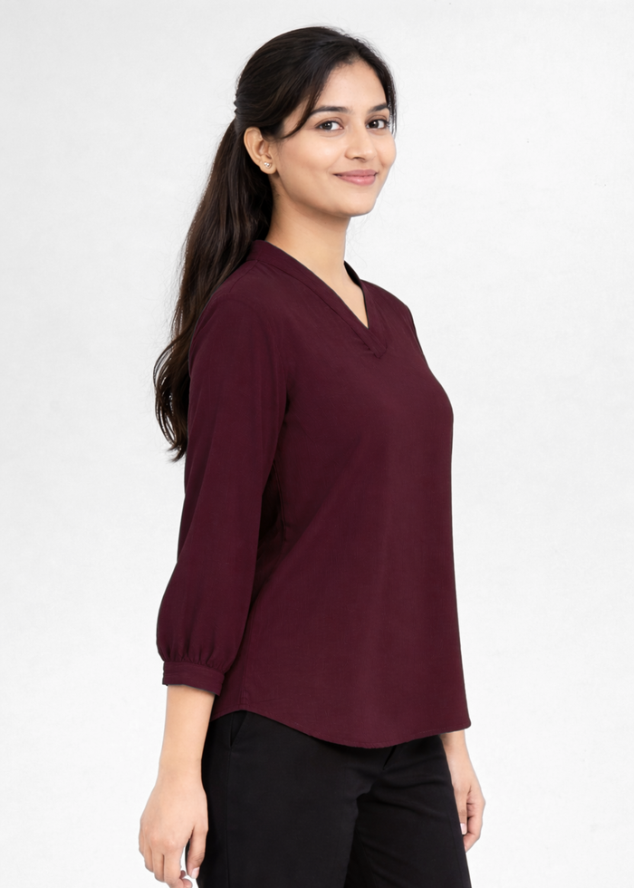 Flurr Women's Burgundy Textured V-Neck Office Wear Top