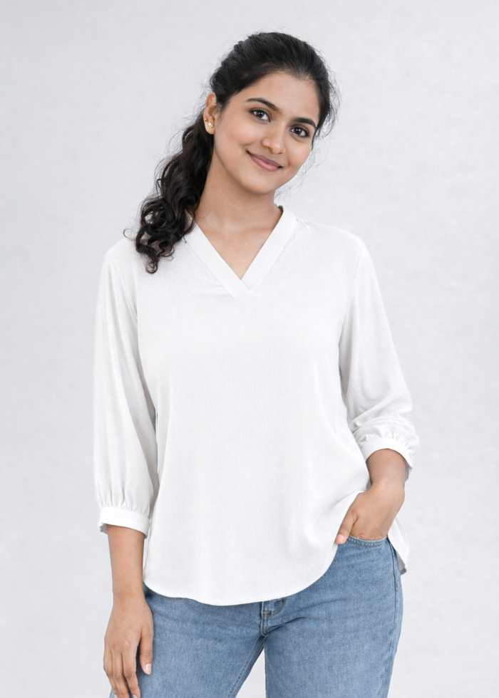 Flurr Women's White Textured V-Neck Office Wear Top