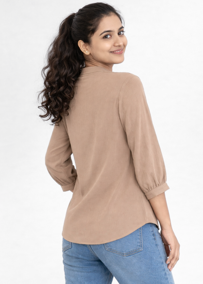 Flurr Women's Beige Textured V-Neck Office Wear Top