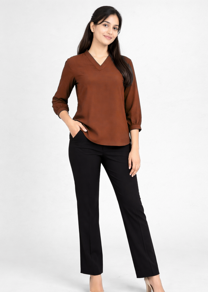 Flurr Women's Rust Textured V-Neck Office Wear Top