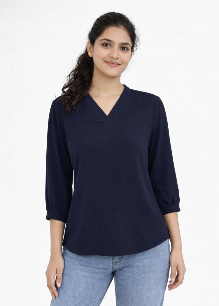 Flurr Women's Navy Textured V-Neck Office Wear Top