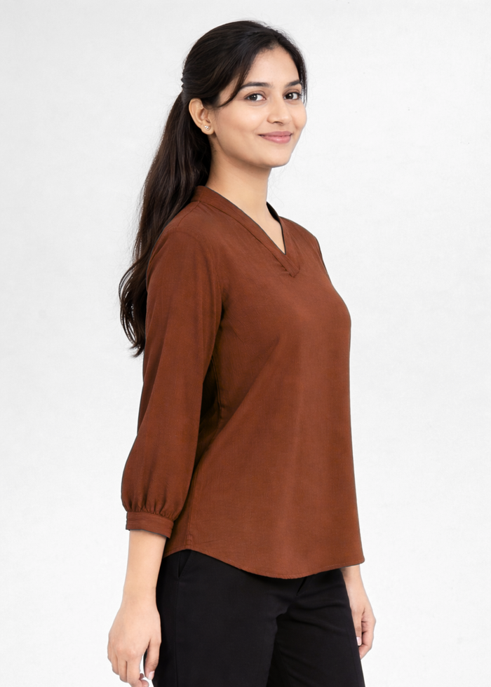 Flurr Women's Rust Textured V-Neck Office Wear Top