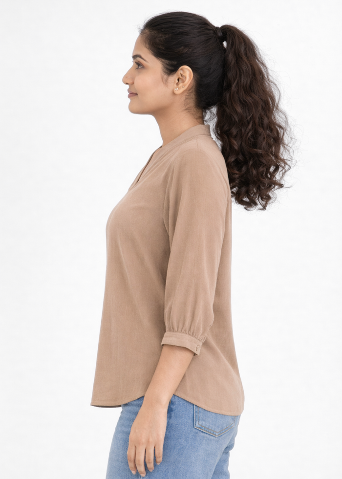 Flurr Women's Beige Textured V-Neck Office Wear Top