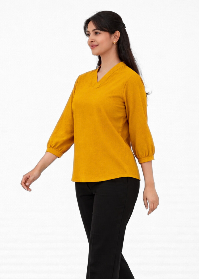 Flurr Women's Mustard Textured V-Neck Office Wear Top