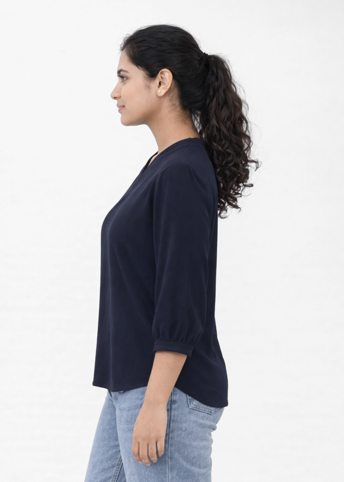 Flurr Women's Navy Textured V-Neck Office Wear Top