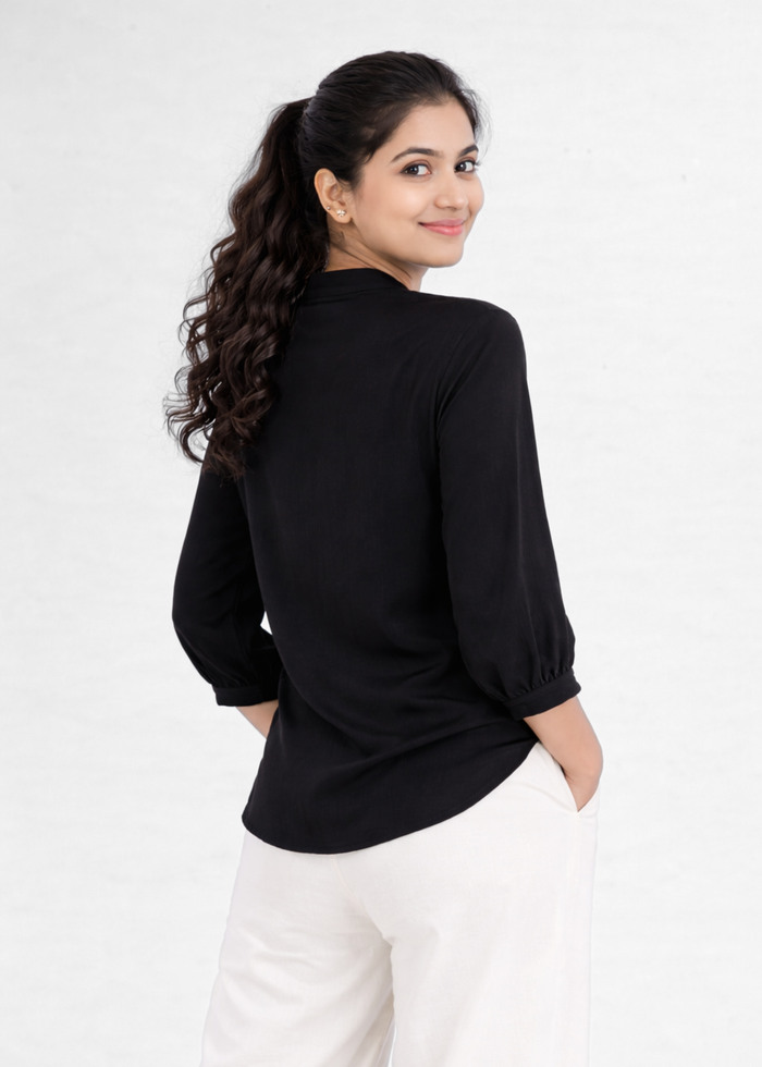 Flurr Women's Black Textured V-Neck Office Wear Top