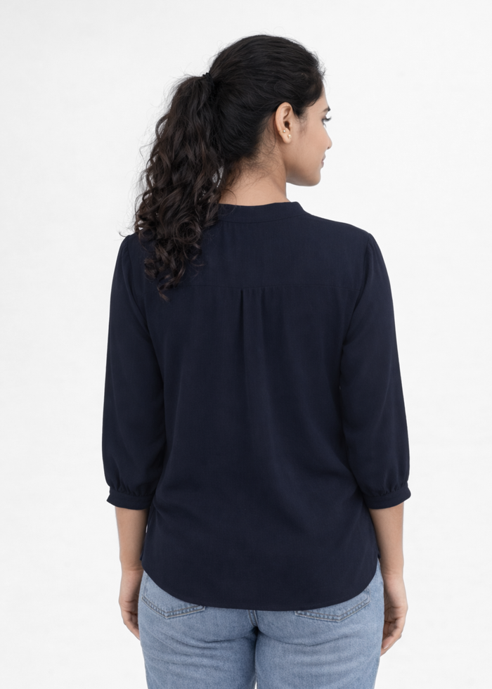 Flurr Women's Navy Textured V-Neck Office Wear Top