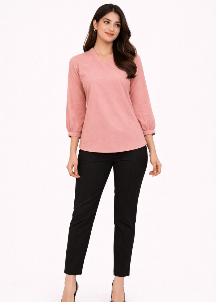 Women textured V-neck workwear top in light pink