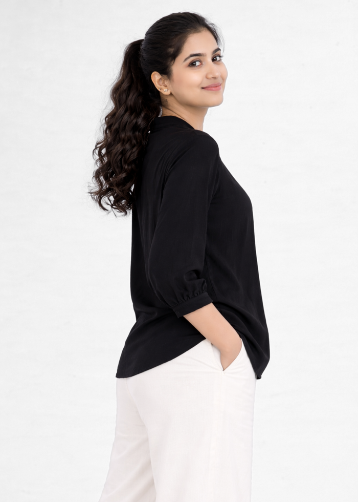 Flurr Women's Black Textured V-Neck Office Wear Top