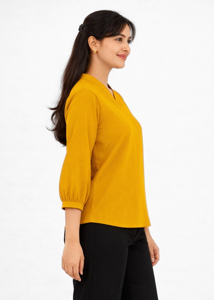 Flurr Women's Mustard Textured V-Neck Office Wear Top