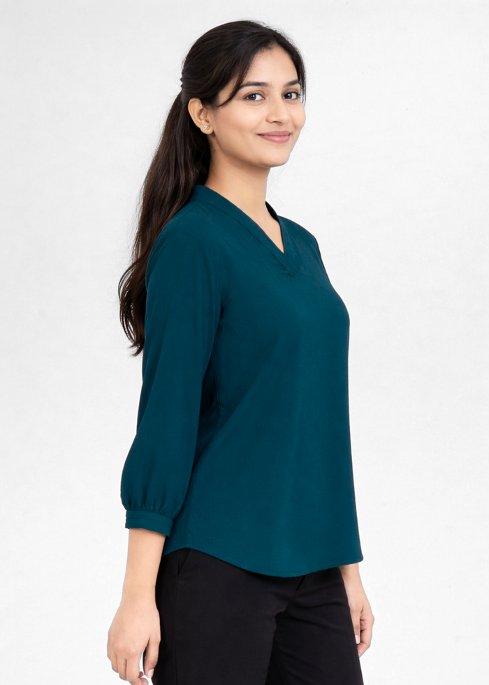 Flurr Women's Ink Blue Textured V-Neck Office Wear Top