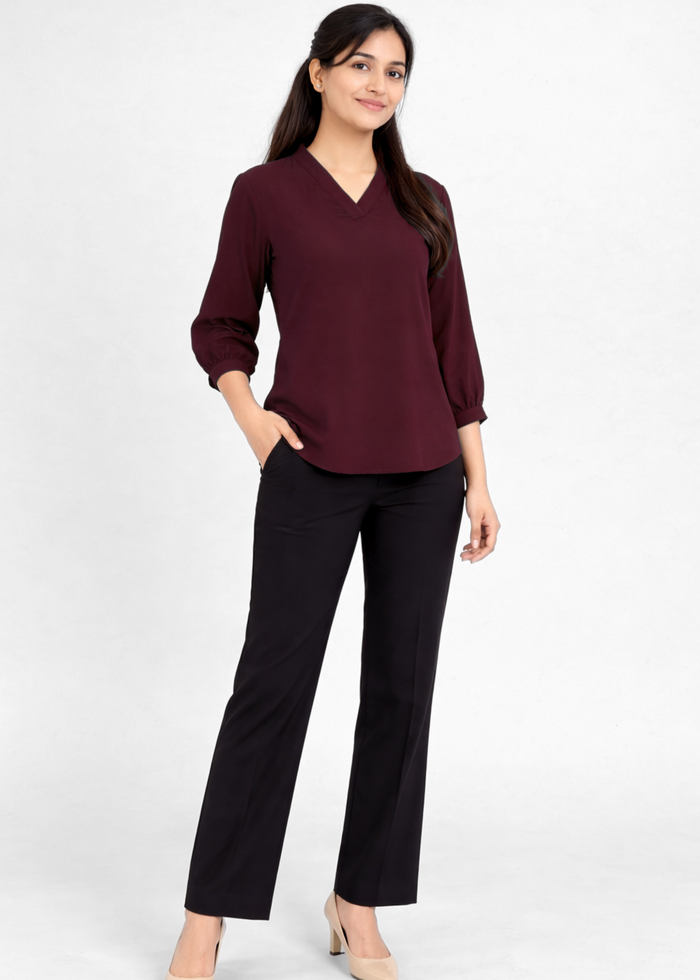 Flurr Women's Burgundy Textured V-Neck Office Wear Top