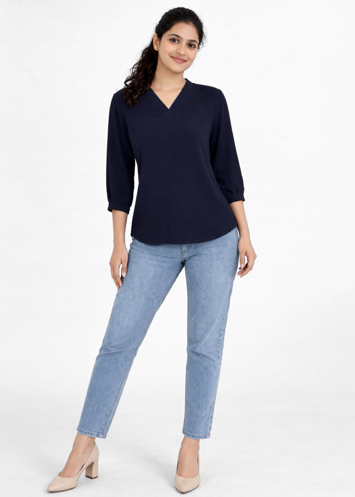 Flurr Women's Navy Textured V-Neck Office Wear Top