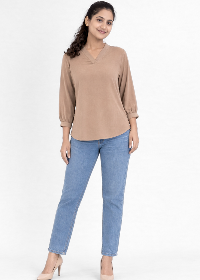 Flurr Women's Beige Textured V-Neck Office Wear Top