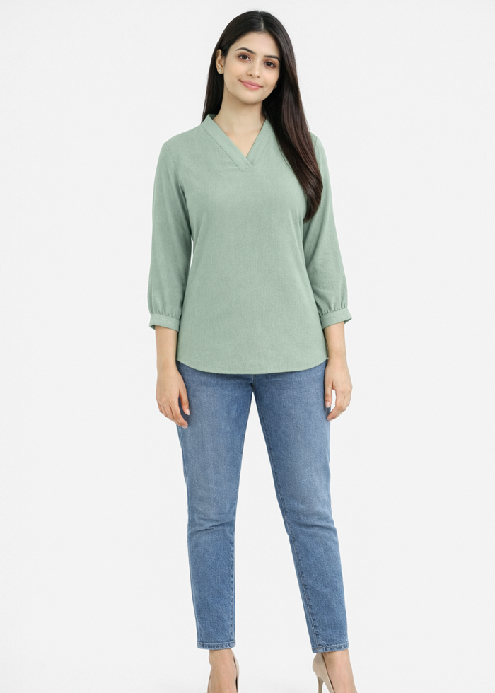 Women textured V-neck workwear top in olive