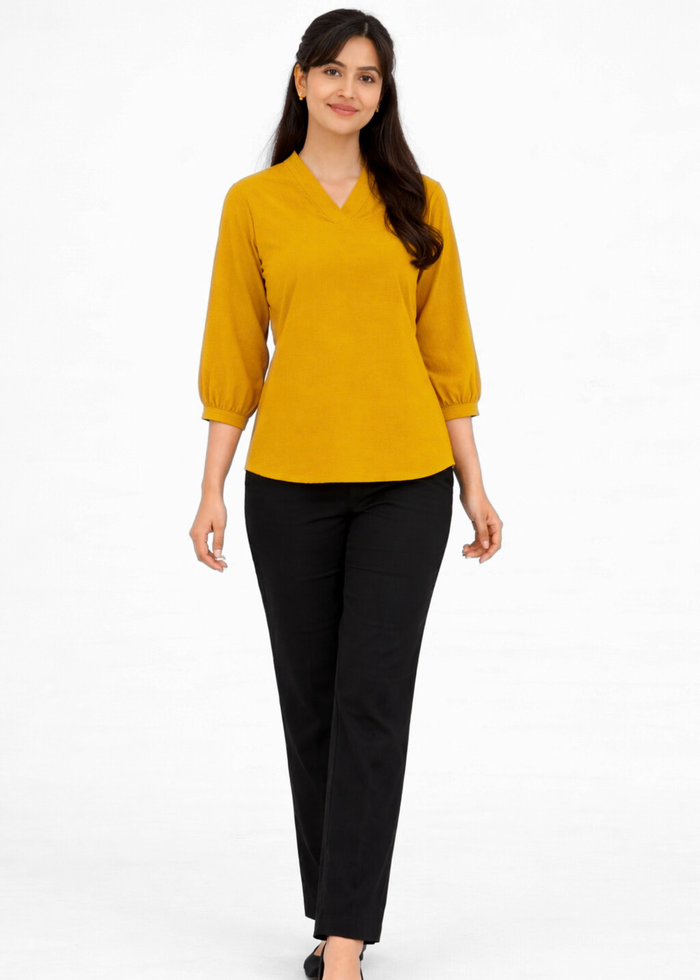 Flurr Women's Mustard Textured V-Neck Office Wear Top