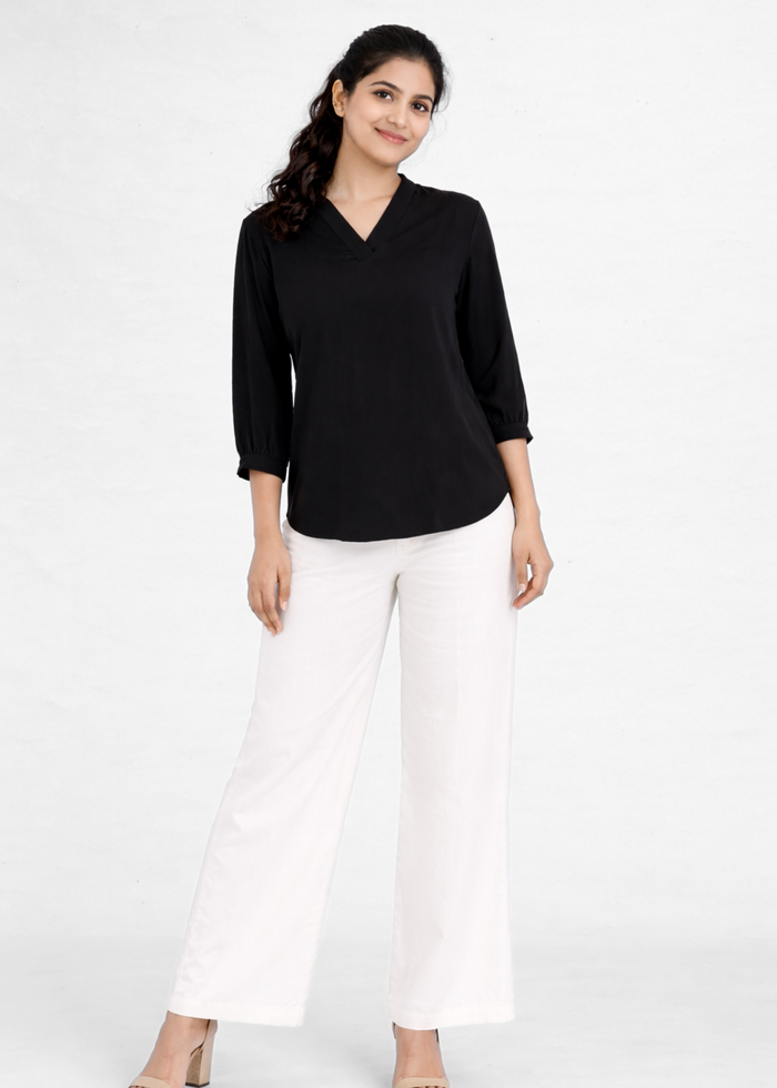 Flurr Women's Black Textured V-Neck Office Wear Top