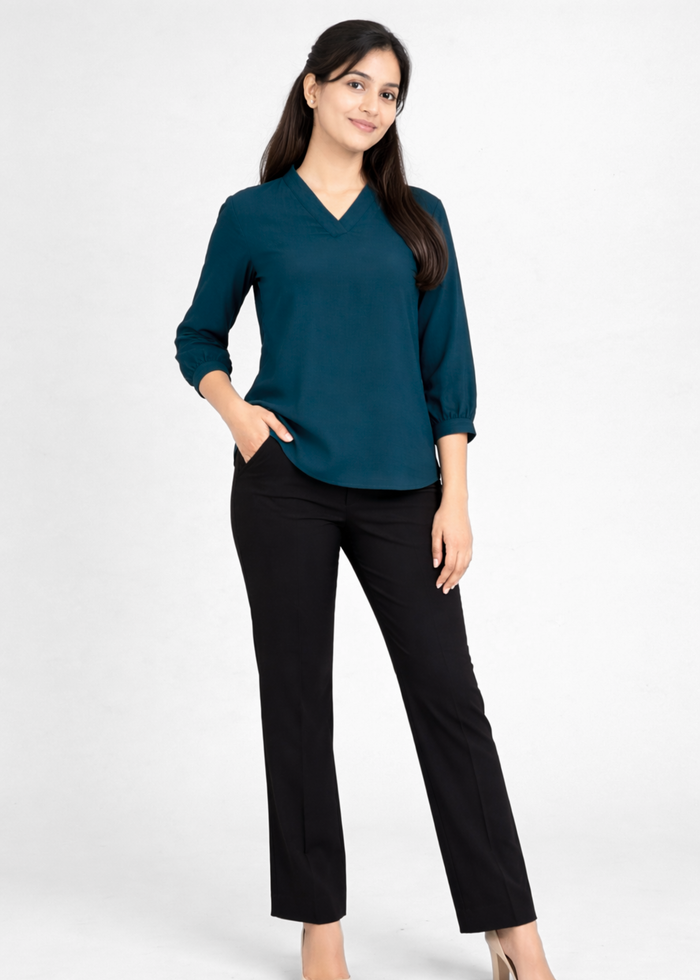 Flurr Women's Ink Blue Textured V-Neck Office Wear Top