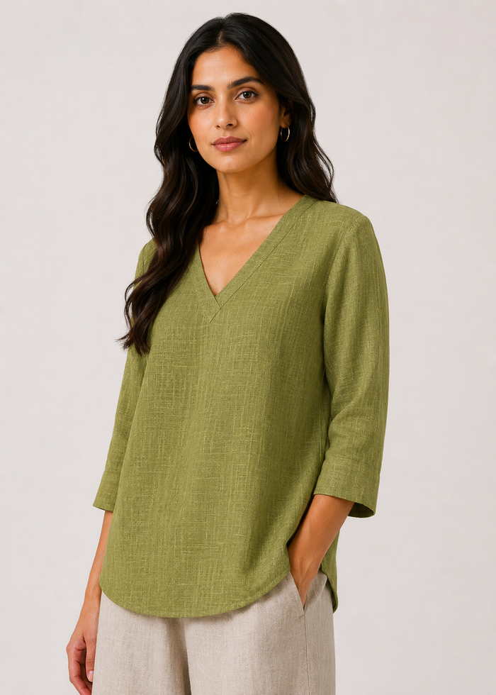 Flurr olive linen top for women front close up, breathable fabric and neckline detail