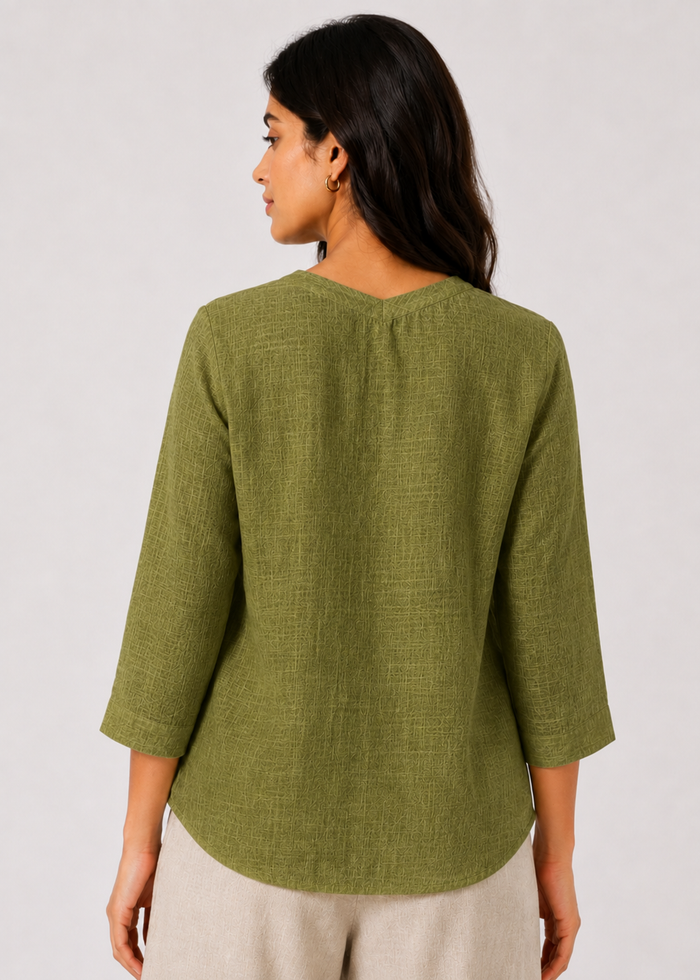 Flurr olive linen top for women back view, relaxed officewear silhouette