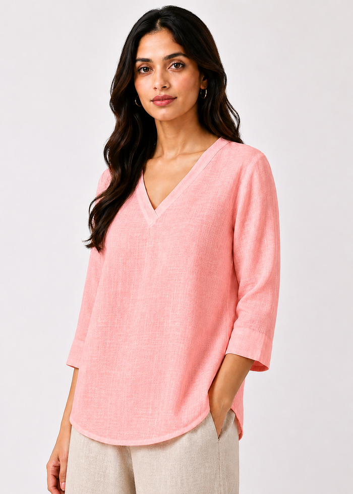 Flurr pure pink linen top for women front close up, breathable fabric and neckline detail