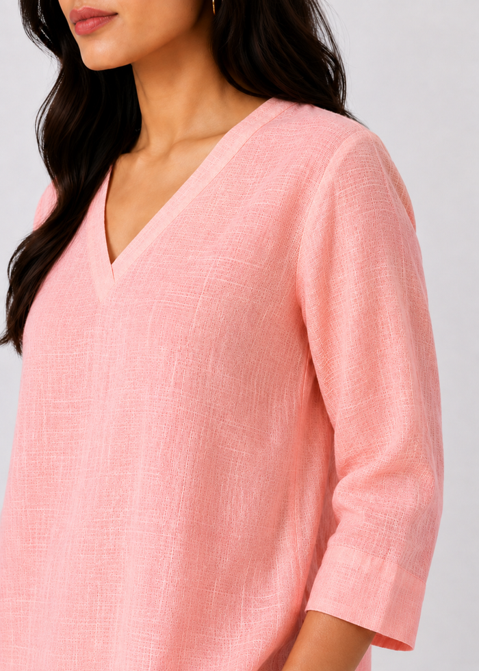 Flurr pure pink linen top close up, natural linen texture and fabric detail