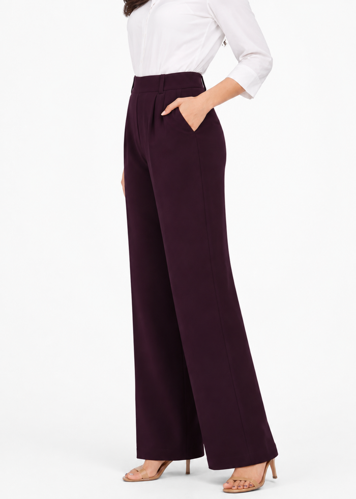 Flurr burgundy Korean pants side view with high waist, wide-leg silhouette and side pocket