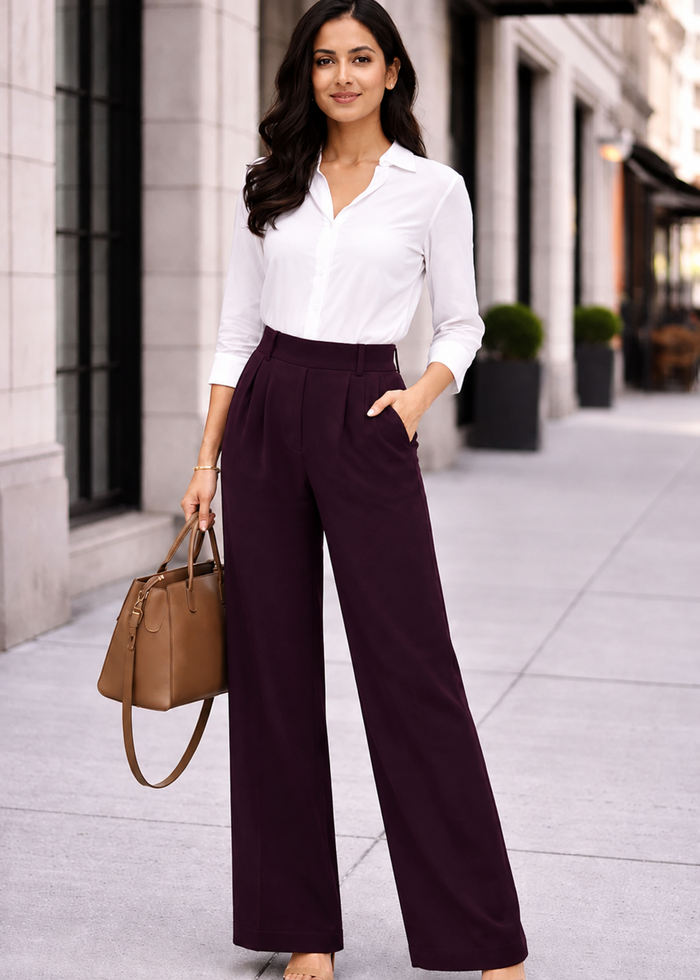 Flurr burgundy Korean wide-leg pants styled with a white shirt for an office look