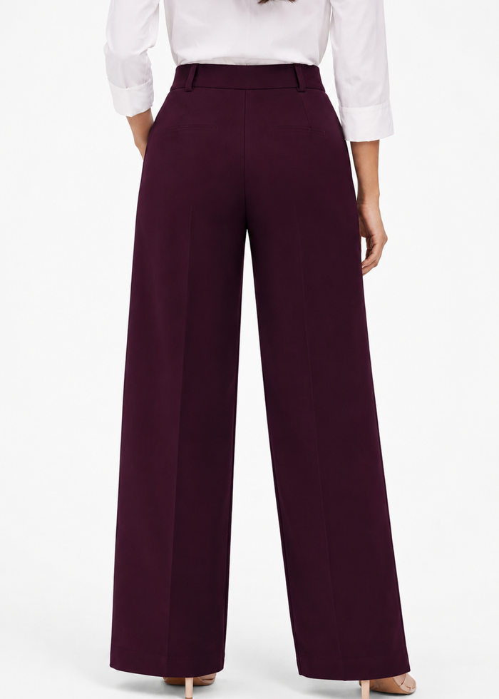 Flurr burgundy Korean pants back view with high waistband, belt loops