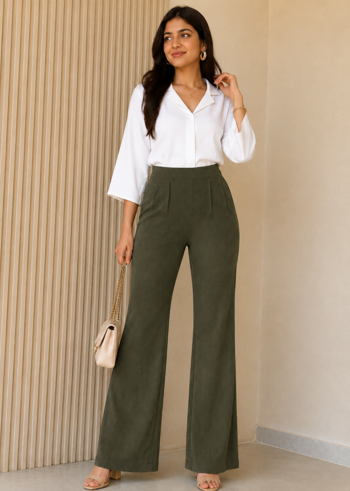 Flurr Women Textured Dark Olive Wide-Leg Trousers with High Waist and Pleated Front
