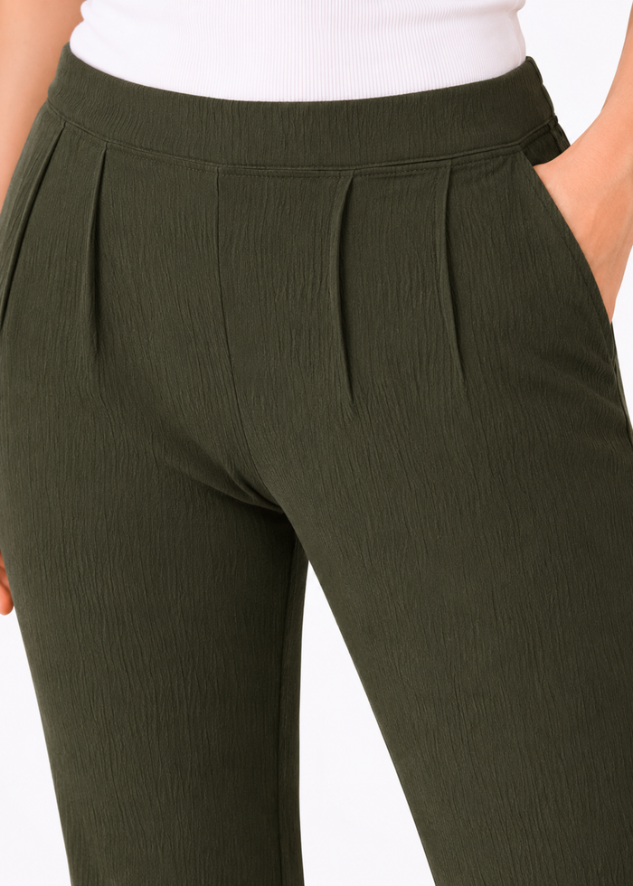 Flurr Women Textured Dark Olive Wide-Leg Trousers with High Waist and Pleated Front