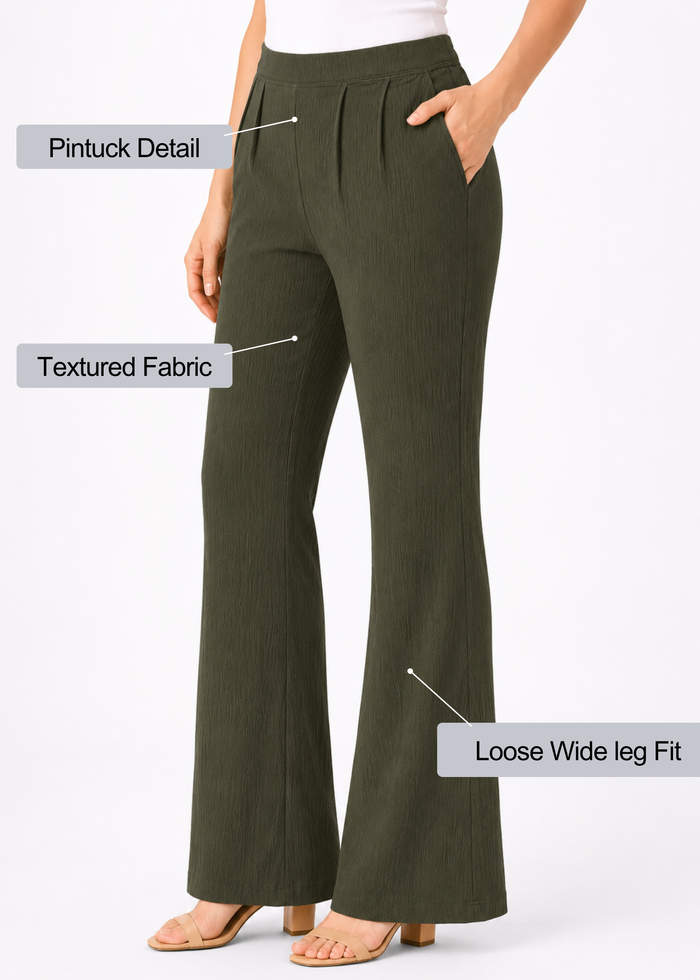 Flurr Women Textured Dark Olive Wide-Leg Trousers with High Waist and Pleated Front