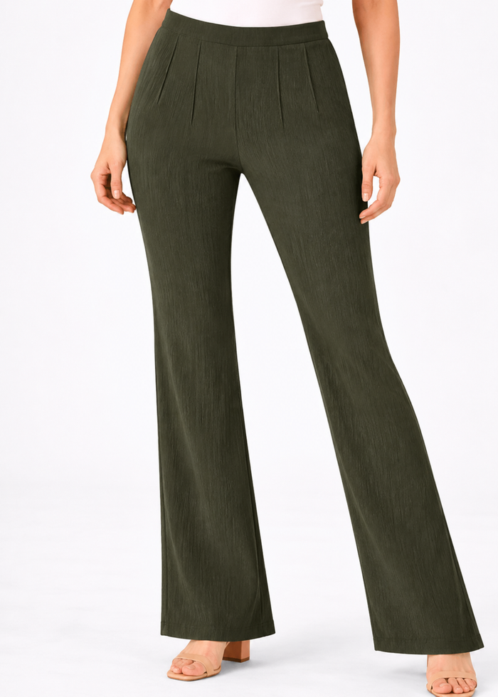Flurr Women Textured Dark Olive Wide-Leg Trousers with High Waist and Pleated Front