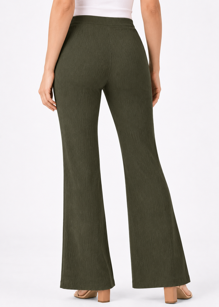 Flurr Women Textured Dark Olive Wide-Leg Trousers with High Waist and Pleated Front