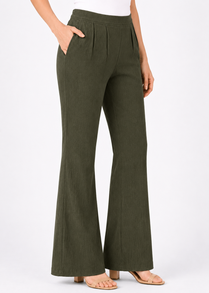 Flurr Women Textured Dark Olive Wide-Leg Trousers with High Waist and Pleated Front